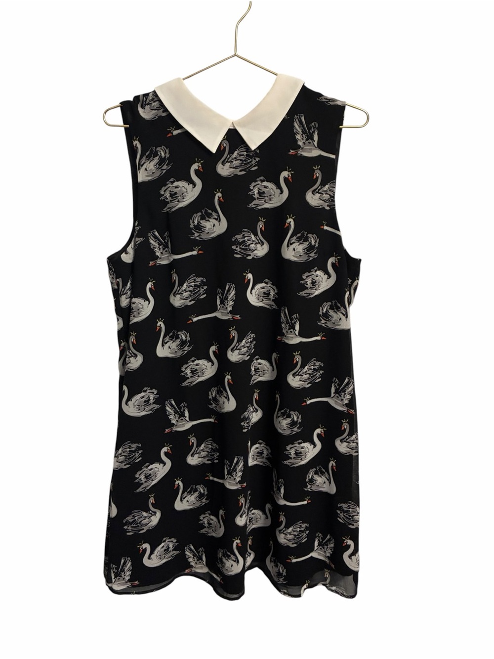 ModCloth Black Swan Print Sleeveless Blouse Peter Pan Collar Tie Back XL